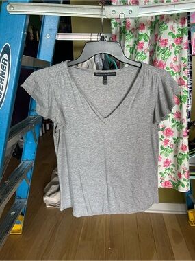White House Black Market Gray V-Neck Flutter Sleeve Top